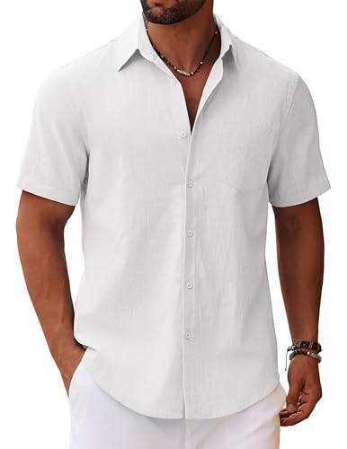 COOFANDY Men's Button Down Short Sleeve Shirt Casual Cotton Summer Beach Linen Wedding Shirts with Pocket
