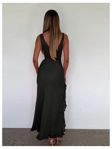 Image of SOLY HUX Women's Sleeveless V Neck Ruffle Trim Split Hem Dress Bodycon Long Dresses