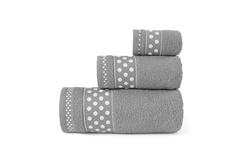 BLUME HOME Juego de 3 Toallas Carmen con Diseño de Puntos, Blanco y Gris, 30x50 cm, 50x100 cm, 100x150 cm (Cinza Escuro)