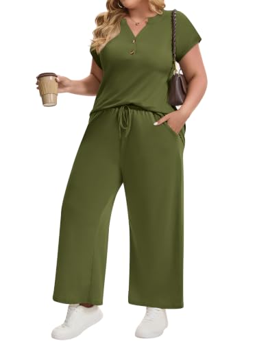 MK Shop Limited Plus Size Two Piece Lounge Sets for Women Spring Summer Vacation Outfits Short Sleeve Tops Wide Leg Matching Set Army Green 2XL