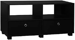 4 Section Black Wide Wooden TV Stand With 2 Drawers (Black)