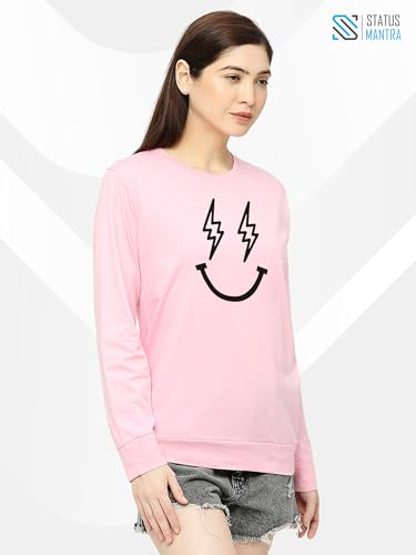 Image of STATUS MANTRA Women's Cotton Round Neck Regular Fit Sweatshirt | Full Sleeves and Smile Printed | Comfort Colour T-Shirt | Available in Multicolor & Size Small to 2XL