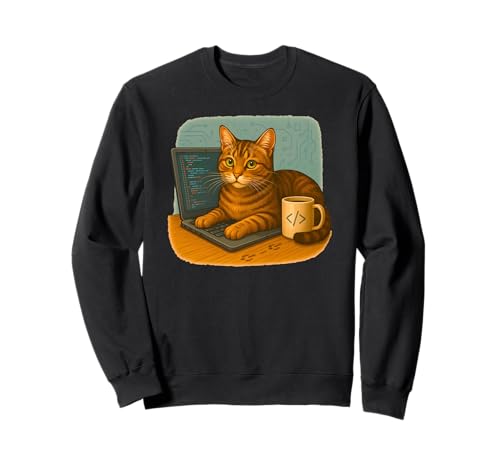 Katze, Kaffee, Code und Laptop Nerd Geek IT Humor Sweatshirt