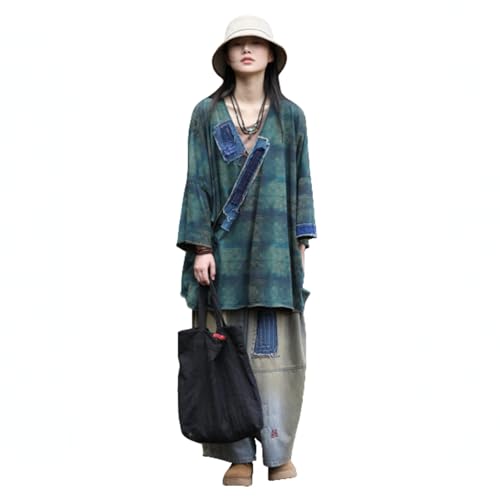 Women's Boho Patchwork Jacket Loose Fit Green Plaid Cotton Casual Top Artistic Design Spring Summer Layering