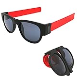Polarized Folding Sunglasses, Foldable Sunglasses with Case, Slap Wrist Bracelet, Men Women Kids, Folds in Half to Snap (Red)
