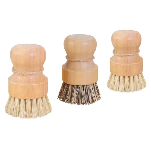 ABuYanOIn Juego de 3 cepillos de madera para platos de cocina (3 unidades), mango de mango de madera de goma natural, respetuoso con el medio ambiente, mini cepillo redondo de palma, herramientas de