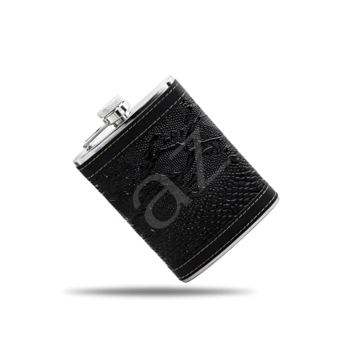 Image of Hip Flask with Funnel Pocket 240 Ml Stainless Steel for Men & Women 8oz - Whisky Vodka Alcoholic Liquor Holder Drinks Carrying Case Leakproof Travel Flasks Drinks, (Snake Skin Leather)