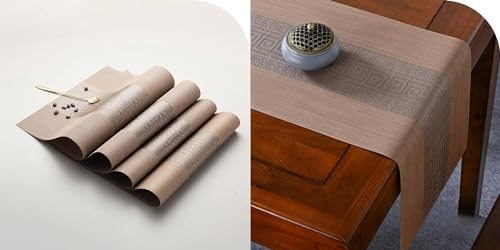 Image of Dining Table Placemats & Runner Set - Heat Resistant, Washable & Stain Resistant Woven Vinyl Mats | Table Runner & 6 Placemats Set for Stylish Dining (45x30 cm Placemats, 180x30 cm Runner)
