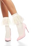 Violet Mist Lace Ruffle Anklet Socks - Cute White Frilly Cotton Crew Socks With Lace Ruffles Trim Fringe - Fashion Princess Lolita for Women Ladies Girls - Goth Solid Color Dress