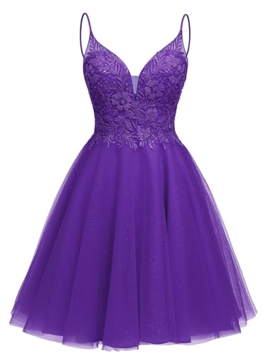 Image of Sparkly Tulle Homecoming Dresses Short Lace Prom Dresses for Teens V Neck Beaded Cocktail Dresses