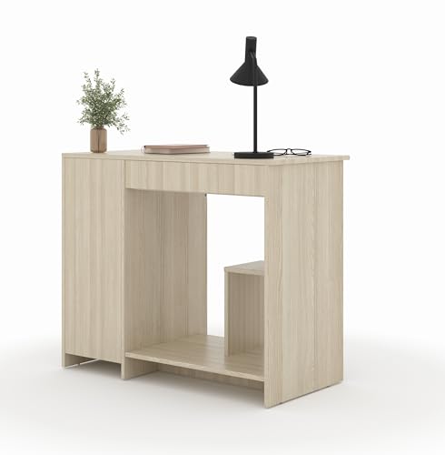 Image of 45x90x76CM Engineered Wood Study & Office Table with Drawer, Cabinet Storage & Keyboard Tray | Sturdy, Foldable DIY Multipurpose Table- Acacia Light with Grey