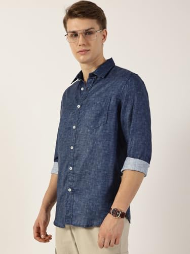 Image of Thomas Scott Men's | Printed | Textured Fabric | Full Sleeve | Regular Fit | Linen Blend | Single Pocket | Spread Collar | Casual Shirt