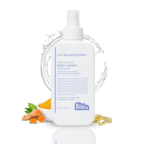 Image of LA'BANGERRY Luxe Charm Perfume Spray Body Lotion with Vitamin E & Turmeric | Hydrating Moisturizing Body Mist Lotion | Long Lasting Fragrance | Lightweight Non Greasy | for Men & Women - 200ml