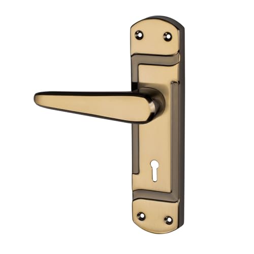 Image of Milton Iron Mortise Lock Set with Handle, Black Gold Finish, 200mm Length, 125mm Handle, Complete with Keys and Lock - MHI-TRISHUL