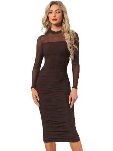 Image of Allegra K Mesh Dress for Women Long Sleeve Mock Neck Ruched Bodycon Dresses | Ruched, Lightweight Stretchy Mesh Sheer, Evening, Cocktail, Party Club