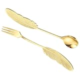 TOYANDONA 2 Stück Teiliges Besteckset Edelstahl Dessertlöffel und Gabel Goldfarbenes Feder design Langlebig Spülmaschinenfest für Party Hochzeit Picknick Kaffee und Eisdesserts Geeignet