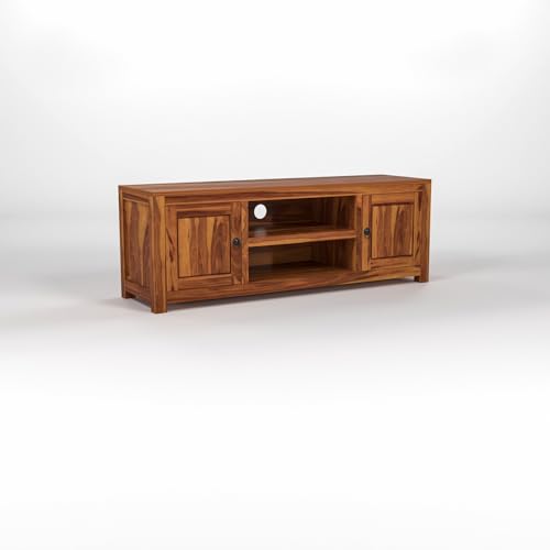 Image of Solid Sheesham Wood Entertainment TV Unit with 2 Door | Rosewood Tv Stand /TV Cabinet for Living Room | Bedroom | Wooden TV Panel with Shelf Stoarge | TV Table (Honey)