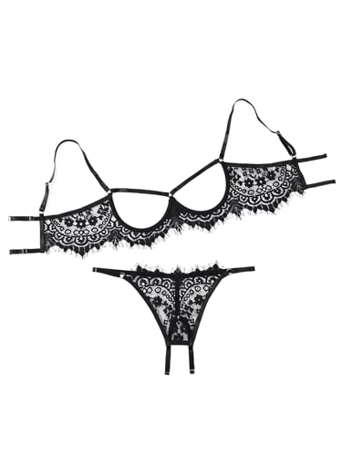 Image of Lilosy Sexy Underwire Floral Lace Sheer Lingerie Set for Women See Through Bra and Panty 2 Piece