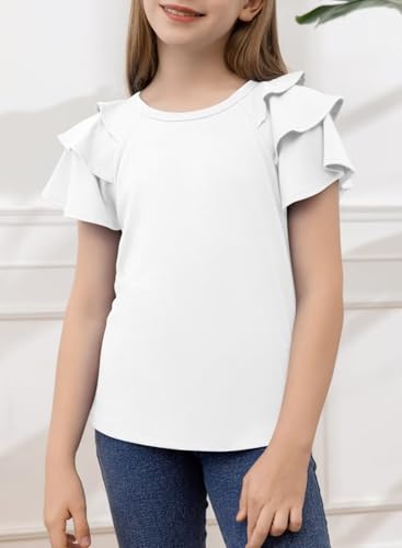 Girls Ruffle Sleeve Shirts Summer Cute Crewneck Blouse Tops 6-15 Years3