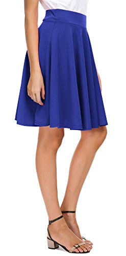 Exchic Women's Casual Stretchy Flared Mini Skater Skirt Basic A-Line Pleated Midi Skirt (S, Royal Blue) #TOP4