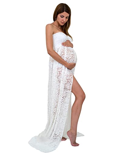 JustVH Maternity Off Shoulder See Through Lace Gown Front Split