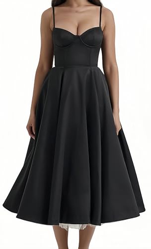 Ocean Plus Robe d'été Femme à Bretelles Bustier Corset avec Jupe Trapèze Ample et Poches Mi-Longue et Élégante Parfaite pour Les Mmariages, Cérémonies et Soirées (XXL (FR 44), Noir uni)