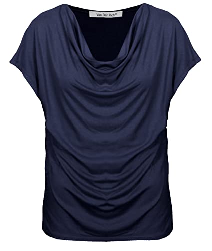 Van Der Rich ® - T-Shirt mit Wasserfallkragen Kurze Ärmel - Damen (Marine, XXL)