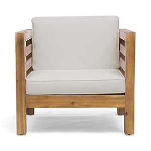 GDFStudio Outdoor Acacia Wood Club Chair with Cushion Teak Finish and Beige