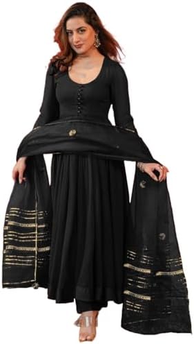 GoSriKi Women's Rayon Blend Anarkali Solid Kurta with Trousers & Dupatta