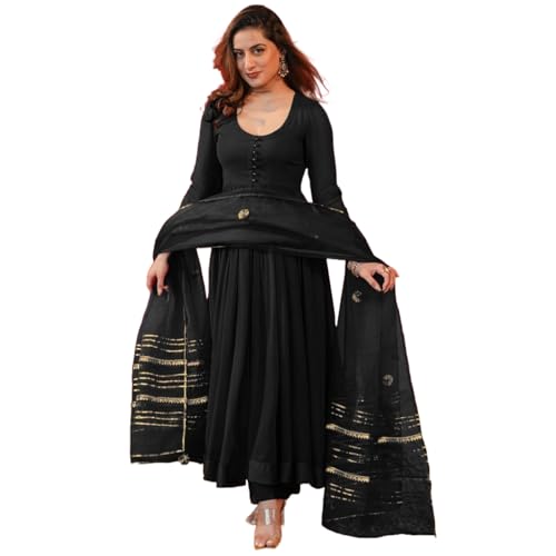 Image of GoSriKi Women's Rayon Viscose Anarkali Solid Kurta with Pant & Dupatta | Soft Comfortable Fabric | Elegant Flared Ethnic Wear Set for Festive Casual Office Daily Use