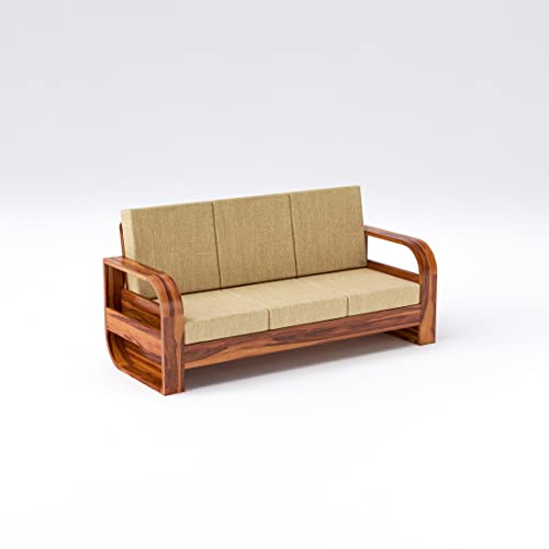 Image of Douceur Furnitures Solid Sheesham Wood 3 Seater Sofas | Three Seater Sofa for Living Room, Cafe, Office | (Honey Teak Cushion Beige)