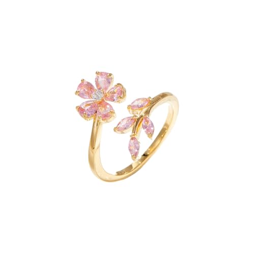 Kokoma Delicate Flower Leaf Wrap Finger Ring for Women Pink Cubic Zirconia Crystal Floral Statement Ring Promise Engagement Rings Adjustable Open Band (Pink)