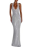 Hoepoly Women's Sparkly Silver White Sequin Bodycon Prom Dresses Halter V Neck Long Club Slit Maxi Gowns Mermaid Backless Semi Formal Party Dress Large