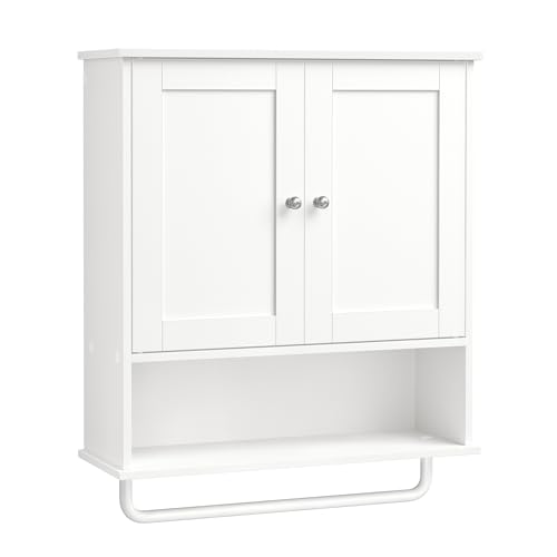 VASAGLE Siren Colección   Mueble de Baño Colgante con Barra para Toallas, Armario de Pared con Estante Abierto, Estante Ajustable y Puertas, Estilo Rústico, Blanco Nube BBK149WB01
