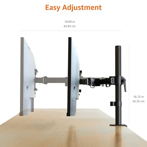 Image of Amazon Basics Adjustable Single Monitor Arm Desk Mount, Holds up to 32 inch (38 inch Ultrawide) and 22 lbs, Adjustable Tension, VESA 75x75 /100x100, Black