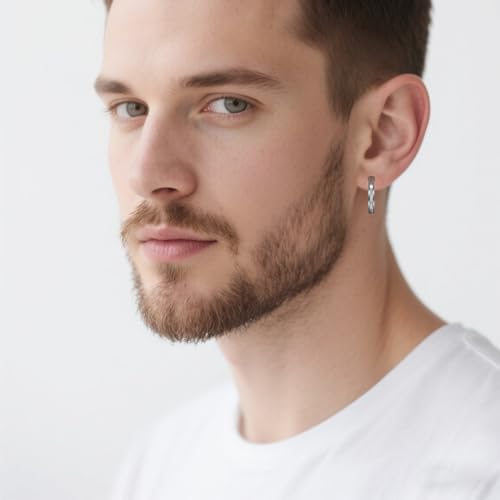 TGNEL Large Mens Titanium Hoop Earring for Sensitive Ears, Fashion Brushed Titanium Earrings Hoops for Men Bevel Silver3