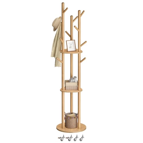 VASAGLE Portemanteau, avec 11 Crochets et 3 Étagères, 4 Roulettes Pivotantes à 360°, Mobile, Crochet et Poteau en Bois, pour Entrée, Chambre, Salon,...