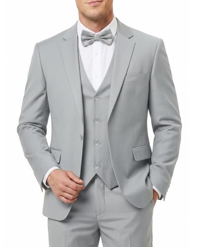 Men's 3-Piece Slim Fit Suit with Bow Tie, Single Button Blazer Vest Pants Set for Wedding Business, Formal Suit for Men Light Gray
