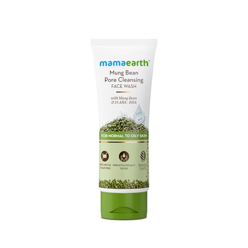 Image of Mamaearth Mung Bean Pore Cleansing Face Wash with Mung Bean, AHA & BHA - 100 ml | For Normal to Oily Skin | India's 1st 100% Soap-Free Face Wash for Deep Pore Cleansing | Made Safe Certified | Oil Control | Tan Removal
