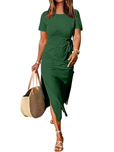 ANRABESS Women's 2026 Summer Maxi Tshirt Dress Short Sleeve Crewneck Tie Waist Casual Slim Fit Slit Spring Long Beach Dresses