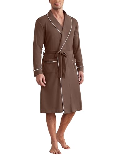 Image of Ekouaer Mens Robes Lightweight Waffle Knit Kimono Bathrobe Long Sleeve Sleepwear Soft Knee Length Robe with Pockets S-3XL
