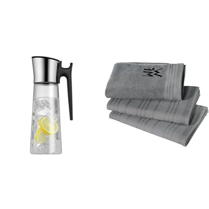 WMF Basic Wasserkaraffe mit Griff 1,5 liter, Glaskaraffe mit Deckel 1,5 l & Küchenhandtuch-Set 3-teilig, Baumwolle Küchentücher, 2 Geschirrtücher, Handtuch, Geschirrhandtuch