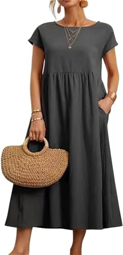 Image of BIRW Cotton Linen Dresses for Women 2025 Summer Casual A Line Flowy Dress Beach Vacation Midi Gauze Dress with Pockets