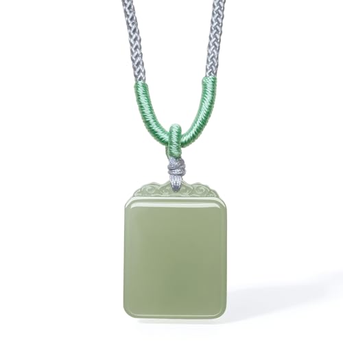 Real Natural Green Jade Pendant Necklace for Women Men Genuine Nephrite Jade Necklace Square Gemstone Healing Pendants Adjustable Handcrafted Jewelry Gifts for Her Birthday Anniversary 25.6-29.5