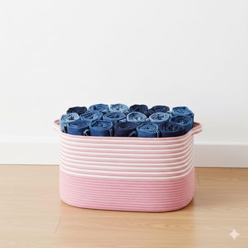 Image of Large Storage Basket, Woven Blanket Basket, Toy Basket with Handle, Laundry Hamper for Living Room, Nursery, Bedroom- 20x15x12 (LXWXH) (baby pink mix)