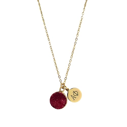 Sorority Shop AP Necklace - Alpha Phi Red Druzy Gemstone Necklace With Engraved Pendant – 14K Gold Dipped Jewelry with Red Gemstone – Sorority Gift, Charm Paraphernalia