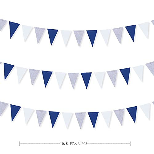 Image of 30 Ft Navy Blue White and Silver Party Decorations Royal Blue Triangle Flag Pennant Banner Bunting for Graduation Birthday Wedding Bridal Shower Nautical Ahoy Achor Theme Party Decorations Supplies