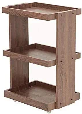 Image of 3-Tier Solid Wood Rolling Bar Cart - Wine Serving Trolley with Wheels & Seasoning Rack (Brown Polish, Style 2)