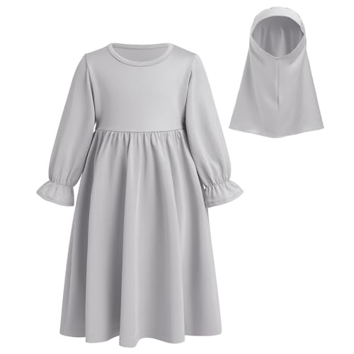 IBTOM CASTLE Abaya with Hijab: Modest Muslim Prayer Clothes for Baby Girls Islamic Long Sleeve Full Cover Dress Two Pieces Middle East Arabic Dubai Burka Ramadan Eid Maxi Kaftan Robe Gray 2-3 Years2