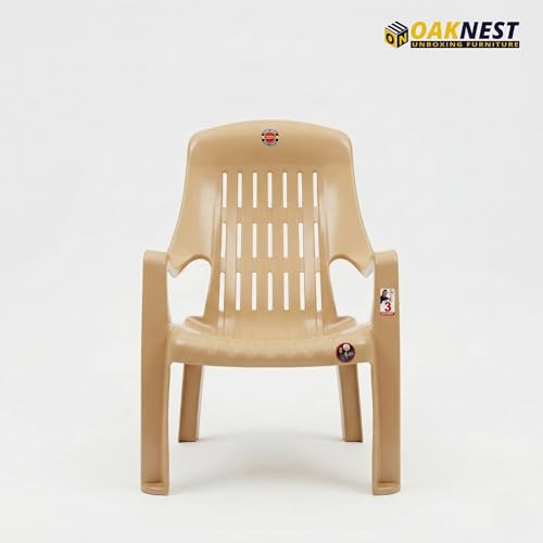 Image of Oaknest Unboxing Furniture Celloo Premium Plastic Relaxing Chair with Armrests | Ergonomic High-Back Lounge Seating for Home, Garden & Balcony (Marble Beige), Count of 4